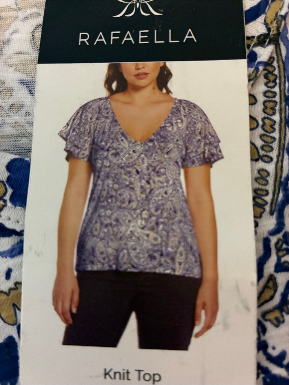 Rafaella Blue and Tan Paisley V-Neck Short Sleeve Top